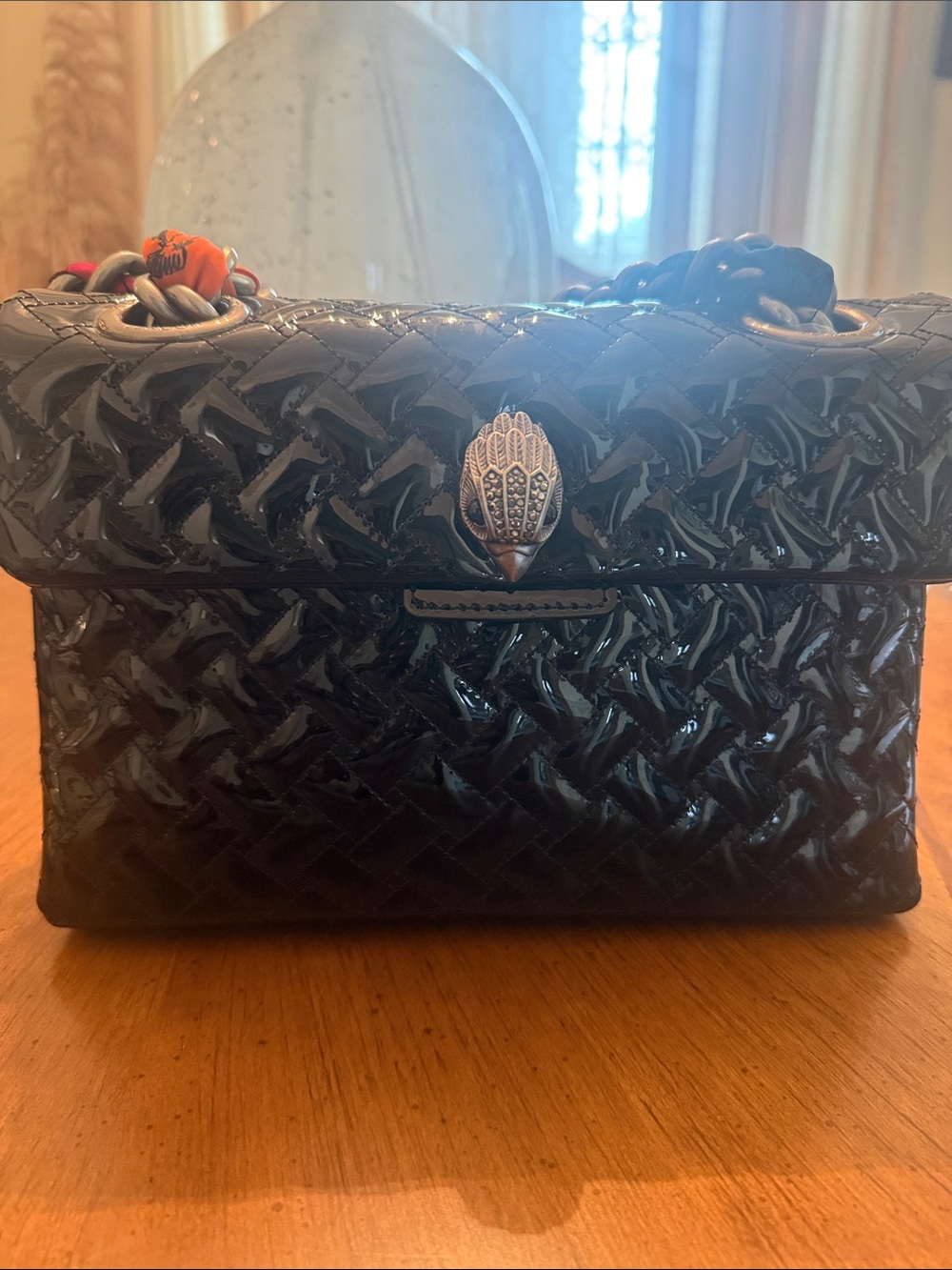Kurt Geiger Black Quilted Patent Shoulder Bag with Multicolor Chain - Picture 2 of 6